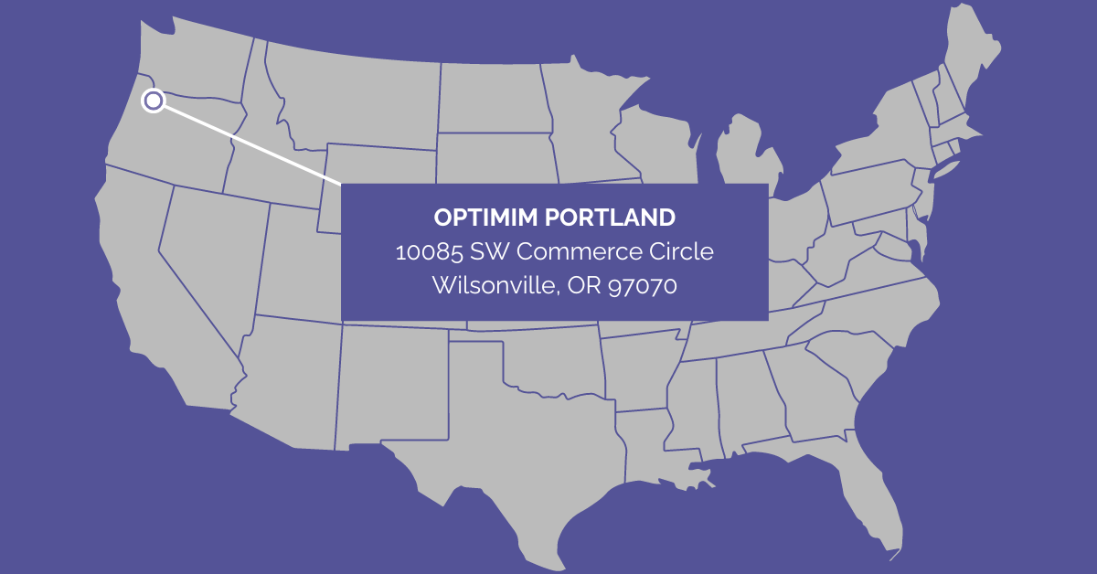 OptiMIM locations map of the United States with a pin on the OptiMIM Portland location